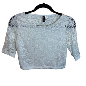Divided White Floral Lace Cropped Top
